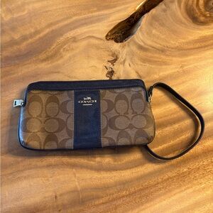 Coach Tan and Navy Signature Wristlet